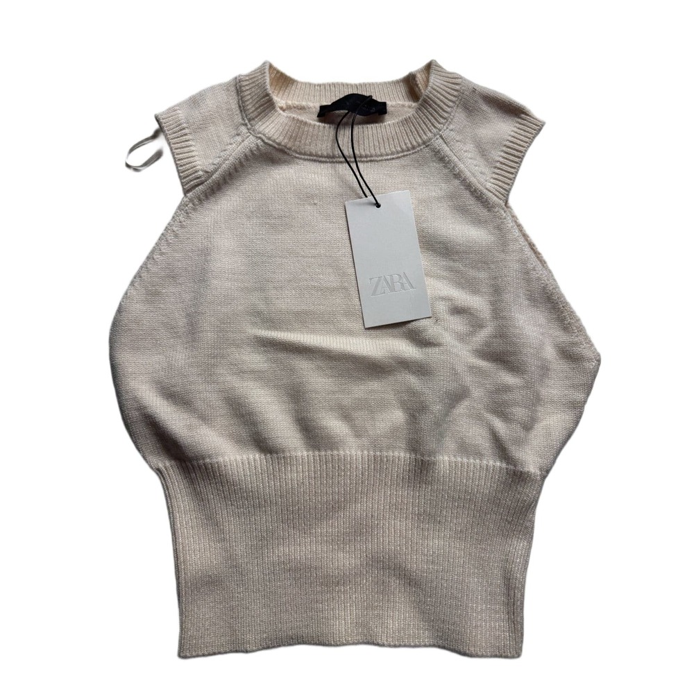 Zara Womens M Cream Knit Sleeveless Sweater Vest Mock Neck Cropped Top NWT